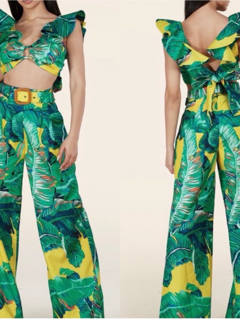 High-Waist Tropical Leaf Wide Leg Pants - Green & Yellow